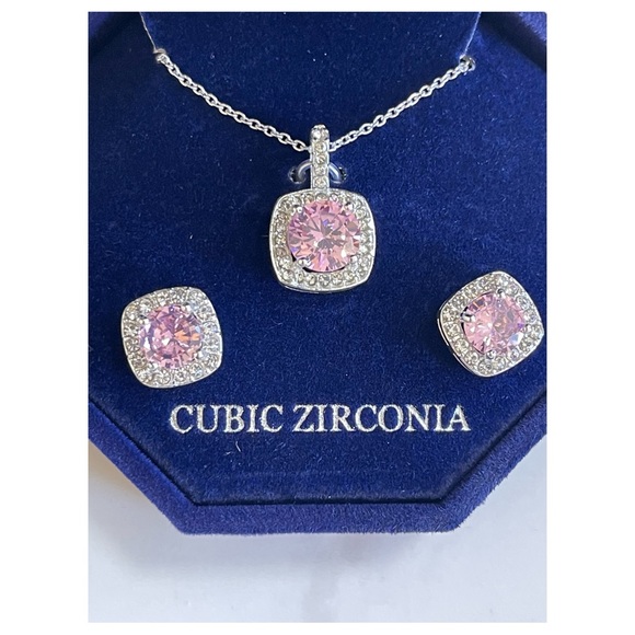 Macys Fine Silver Plate Cubic Zirconia Necklace and Stud Earring Set 18”+3” Ext - Picture 9 of 11